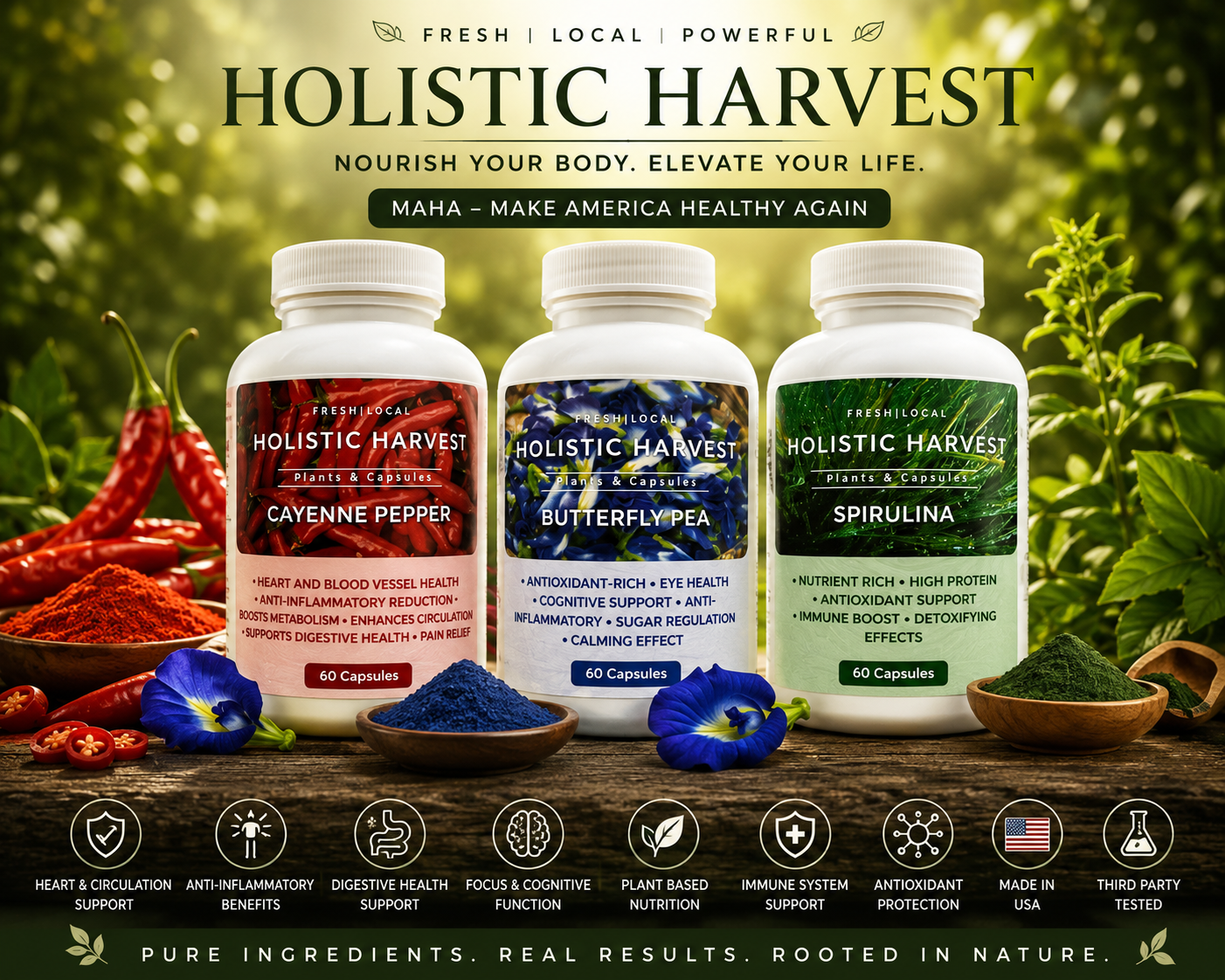 Holistic Harvest 3-Pack Wellness Bundle – Spirulina, Butterfly Pea & Cayenne